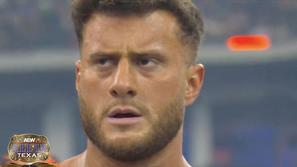 A close-up of MJF showing an intense expression during the Casino Gauntlet match at AEW All In: Texas. Sweat can be seen on his face, highlighting the intensity of the moment.
