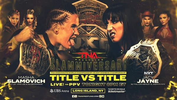 A promotional graphic for a wrestling event featuring Masha Slamovich and Jacy Jayne facing off for the TNA Knockouts World Championship and NXT Women's Championship. The background includes an ornate title belt and details of the event, including the date and location.