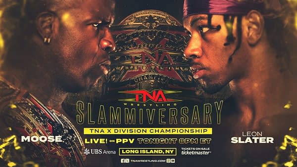 A promotional graphic for the TNA Slammiversary event featuring two wrestlers, Moose and Leon Slater, facing each other intensely. The TNA X Division Championship belt is prominently displayed in the background.