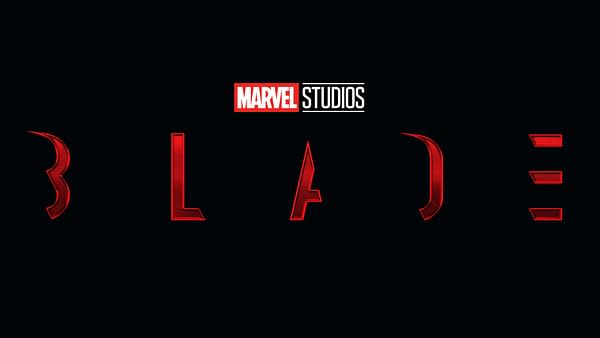The logo for Marvel Studios' 'Blade' features the word 'BLADE' in bold, stylized white and red letters on a black background, with 'MARVEL STUDIOS' positioned above it.