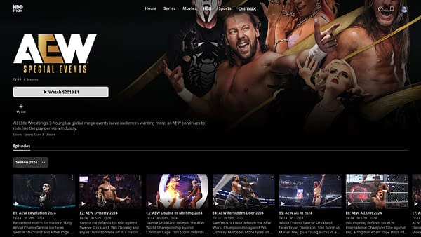 Screenshot displaying All Elite Wrestling (AEW) pay-per-view offerings available on the HBO Max streaming service. The interface showcases various AEW events and a prominent AEW logo at the top.