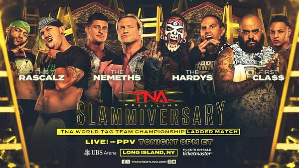 A promotional poster for the TNA World Tag Team Championship Ladder Match at Slammiversary 2025, featuring six wrestlers: The Rascalz, The Nemeths, The Hardys, and First Class. The background showcases ladders and vibrant graphics highlighting the event.