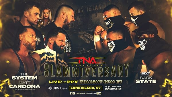Promotional poster featuring two wrestling factions, The System led by Matt Cardona and Dark State, engaged in a tense face-off. Details include a nighttime Long Island setting, with wrestlers in distinctive gear and facial coverings.