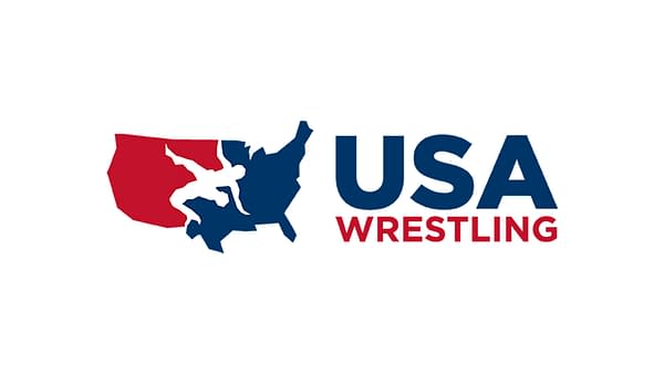 Logo of USA Wrestling, featuring a silhouette of a wrestler above the outline of the United States in red and blue colors.