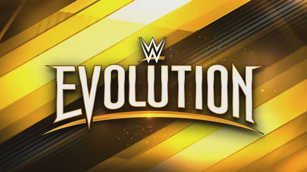 The WWE Evolution logo features bold, white text spelling "EVOLUTION" with a stylized WWE logo above it, set against a dynamic background of gold and black diagonal stripes.