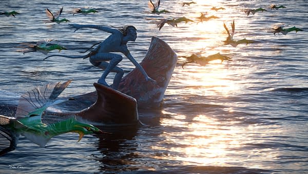 Concept art from 'Avatar: Fire and Ash' featuring a blue-skinned character surfing on a large sea creature while flying creatures soar above a shimmering ocean surface. The artwork is by Dylan Cole and is associated with 20th Century Studios.