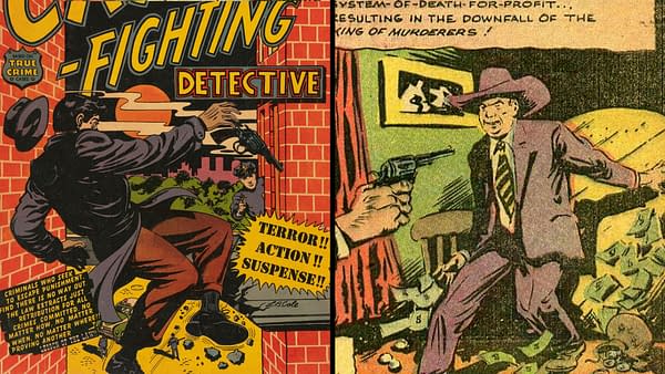 A vintage comic cover titled 'Crime-Fighting Detective', featuring a detective aiming a gun, with action scenes depicting crime and police on the background. The artwork showcases bold colors and dramatic poses characteristic of classic crime comics.
