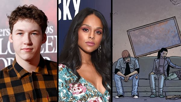 A collage featuring two actors and a comic illustration. On the left is a young man with short hair in a plaid shirt, and in the center is a young woman with long hair wearing a sparkling dress. The right side displays an illustration of two people sitting on a couch, looking contemplative.