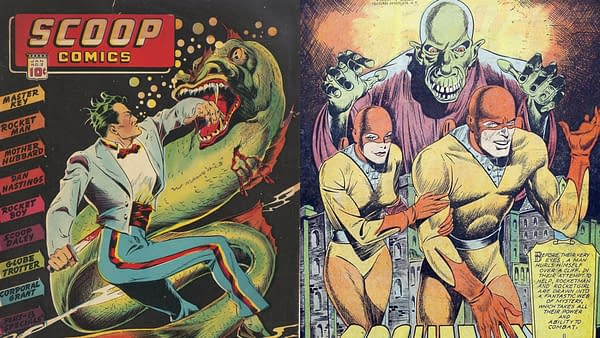 An illustration from 'Scoop Comics' featuring a dynamic scene where a sharply dressed man confronts a monstrous creature. The left side portrays 'Rocket Man' battling a large serpent, while the right side displays two superheroes in costumes, one with a distinct mask and cape, facing a sinister green figure.