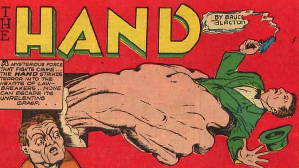 A cartoon illustration featuring a large hand gripping a man in a green suit, with an expression of shock. The background is bright red with bold text stating 'THE HAND.'