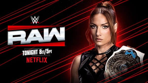 A promotional graphic for WWE Raw featuring a confident female wrestler with a championship belt. The background is dark with bold red lines and includes the WWE and Netflix logos, indicating a broadcast time of 8 ET/5 PT.