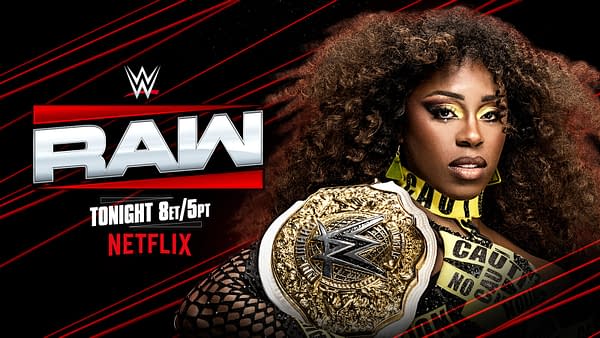 A female wrestler with curly hair, wearing a championship belt and bright makeup, looks directly at the viewer. The background features the WWE Raw logo with bold graphics, promoting a special event tonight on Netflix.