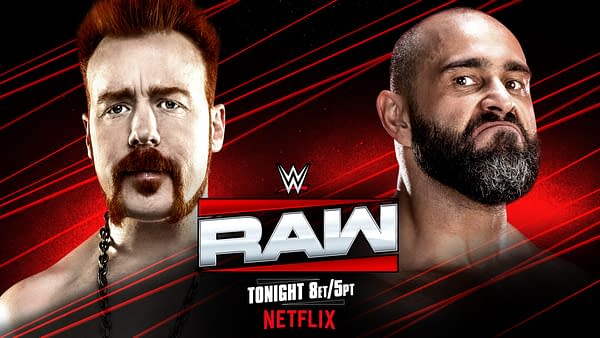 Promotional image for WWE Raw featuring wrestlers Sheamus and Rusev against a bold red background with graphic elements. The text highlights the event airing tonight on Netflix at 8 ET/5 PT.