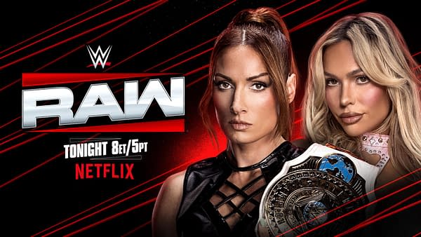 Promotional image for WWE Raw featuring two female wrestlers. One wrestler holds a championship belt, with a dramatic red and black background highlighting the event's details.