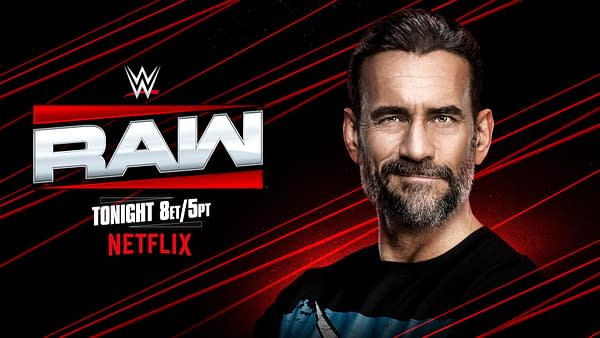A promotional image featuring the WWE logo and text announcing a special episode of RAW. CM Punk, a wrestler, is smiling confidently in the foreground, set against a dynamic red and black background.