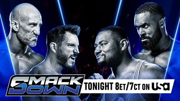 A promotional graphic for WWE SmackDown features four wrestlers in intense expressions, with vibrant blue lighting and the SmackDown logo prominently displayed at the bottom. The text indicates the event is scheduled for tonight at 8 PM ET/7 PM CT on USA.