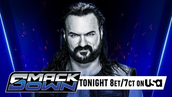 A promotional image for WWE SmackDown featuring Drew McIntyre with a serious expression, set against a blue background with a dynamic design. The SmackDown logo is prominently displayed with details about the show time at the bottom.