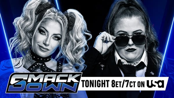 A promotional graphic for WWE SmackDown featuring two wrestlers, one with blonde hair styled in curls and a choker, and the other with dark hair in a ponytail wearing sunglasses and a suit. The background is blue with the SmackDown logo prominently displayed.