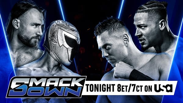 Promotional graphic for WWE SmackDown featuring two wrestlers in masks facing off, with a blue and black background and promotional text for the show.