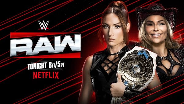 A promotional image for WWE Raw featuring two female wrestlers. One holds a championship belt while the other has a serious expression. The background displays the WWE logo and mentions 'RAW' and 'Netlix' with a date and time for the event.