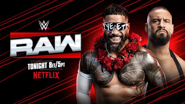 A promotional graphic for WWE Raw featuring two wrestlers. One wrestler, wearing sunglasses and a floral necklace, smiles widely, while the other, looking serious, stands next to him. The WWE Raw logo is prominently displayed, along with text announcing the show will air tonight on Netflix.