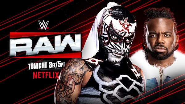 A graphic featuring two wrestlers: one in a striking black and white mask with a skull design and tattoos, and the other with a serious expression, wearing a stylish fur-trimmed jacket. The background includes the WWE Raw logo and promotional details for a show airing tonight on Netflix.