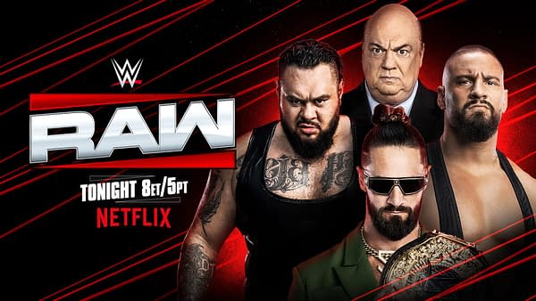A promotional graphic for WWE Raw featuring four wrestlers and a commentator. The image highlights the WWE logo and includes the text "TONIGHT 8et/5pt" along with a Netflix logo.