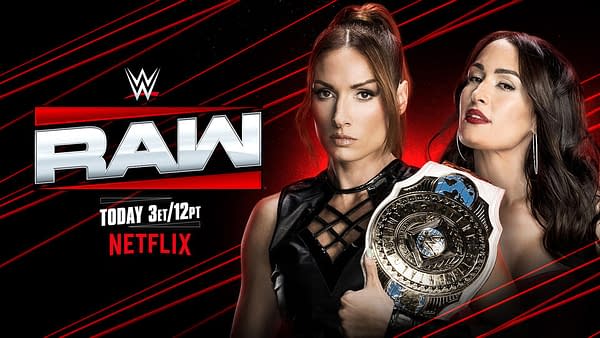 Promotional graphic for WWE Raw featuring two wrestlers, one holding a championship belt. The background includes red and black design elements along with the WWE logo and event details.