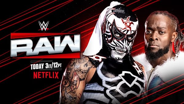 A promotional graphic for WWE RAW featuring two wrestlers. One wrestler wears a striking black and white mask with red accents, and the other has a beard and is dressed in colorful attire. The text highlights that the event airs today at 3 PM ET on Netflix.