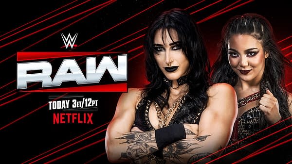 A promotional graphic for WWE Raw featuring two wrestlers, one with a fierce expression and arm tattoos wearing dark attire, and the other smiling and posing confidently. The graphic includes the WWE Raw logo and text indicating the show time on Netflix.