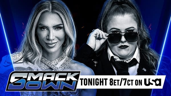 A promotional graphic for WWE SmackDown featuring two wrestlers: Charlotte Flair with a championship belt and Piper Niven wearing sunglasses. The image has a blue background with the SmackDown logo prominently displayed.