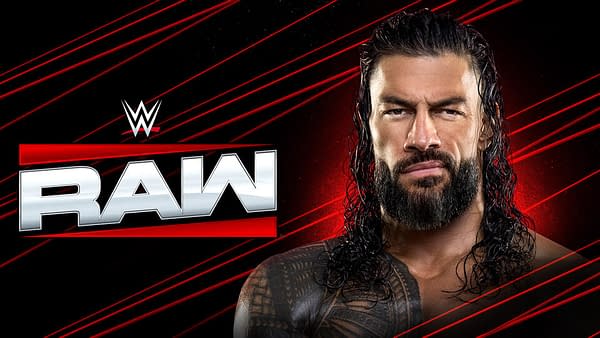 A promotional graphic for WWE Raw, featuring a close-up of a muscular man with long hair and a beard. The background has red diagonal lines and the WWE logo, with the word 'RAW' prominently displayed in metallic letters.
