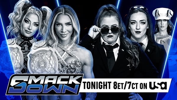 A promotional graphic for WWE SmackDown featuring four female wrestlers posing confidently. Each wrestler displays distinct outfits and championship belts, highlighted by vibrant blue lighting.