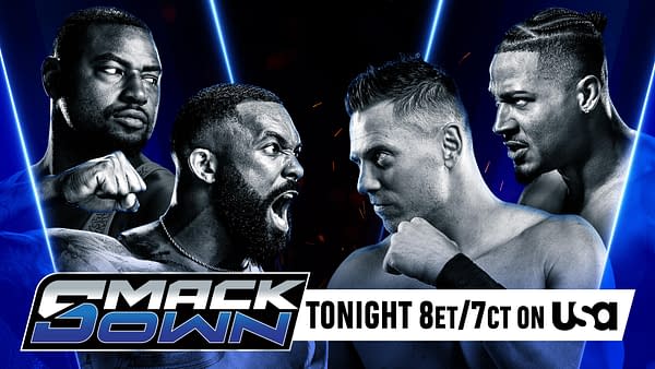 A graphic for WWE SmackDown shows four male wrestlers in intense expressions, two facing each other in confrontation, with dramatic blue lighting and the SmackDown logo prominently displayed.