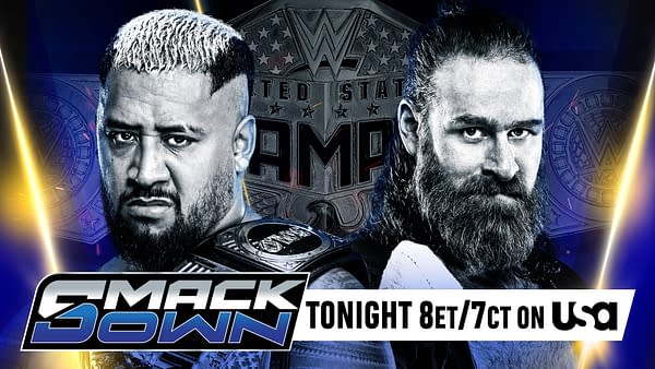 A promotional graphic for WWE SmackDown featuring two intense wrestlers, one with light-colored hair and a championship belt, and the other with a long beard and dark hair. The event is highlighted with text indicating the show time and channel.