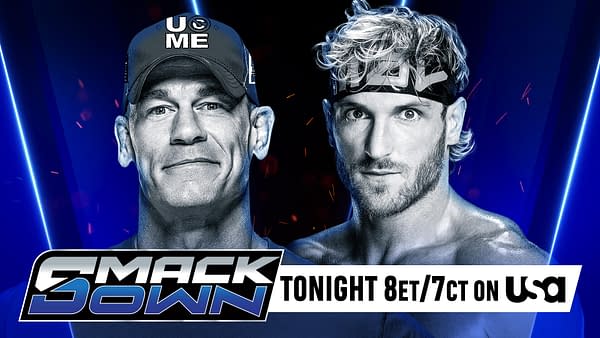 A promotional graphic for WWE SmackDown featuring John Cena and Logan Paul facing off. The graphic includes the title 'SMACKDOWN' and details about the event airing tonight at 8 ET/7 CT on USA.