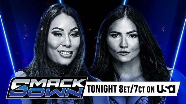 A promotional graphic for WWE SmackDown featuring two wrestlers, one with long dark hair and a friendly smile, and the other with medium-length dark hair and a serious expression. The graphic prominently displays the show's title and airing time.