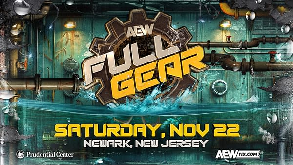 A promotional banner for AEW Full Gear featuring a gear logo surrounded by industrial elements like pipes and water splashes. The date and location are prominently displayed.