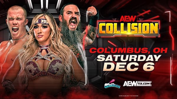 A promotional image for AEW Collision featuring three wrestlers. The background is dark with red accents, and the text highlights the event details including the location and date: Columbus, OH, on Saturday, December 6.