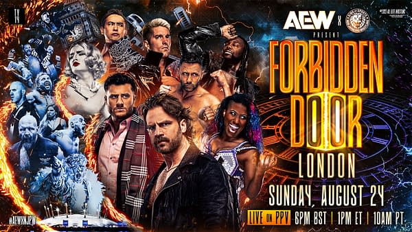 A colorful illustration for the AEW x NJPW Forbidden Door event, featuring prominent wrestlers amidst a background of flames and London's Big Ben clock tower. The event details and date are prominently displayed.