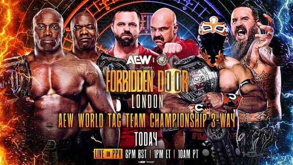 Promotional poster for the AEW x NJPW Forbidden Door event, featuring multiple wrestlers, the event name prominently displayed, and details about the AEW World Tag Team Championship match.