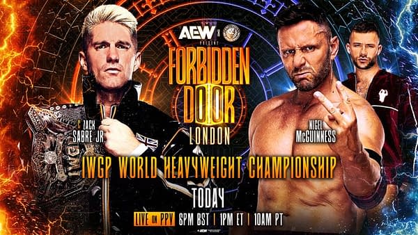 A promotional graphic for the AEW x NJPW Forbidden Door event featuring wrestlers Zack Sabre Jr. and Nigel McGuinness. The background includes a vibrant design with the event title and details about the IWGP World Heavyweight Championship match.