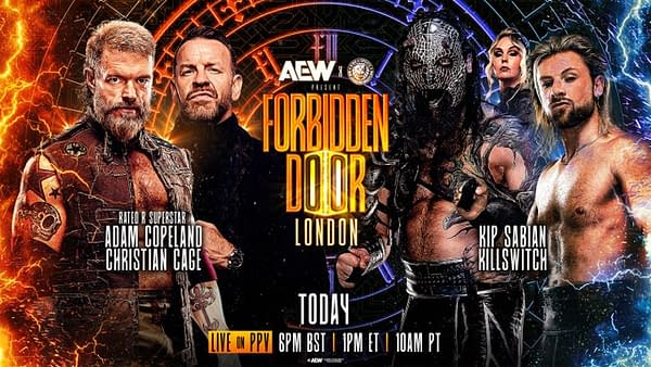 Promotional graphic for the AEW x NJPW Forbidden Door event featuring wrestlers Adam Copeland, Christian Cage, Kip Sabian, and Killswitch. The background displays a vibrant design with event details.