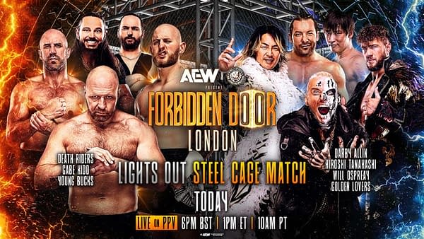 Promotional graphic for the AEW x NJPW Forbidden Door event showcasing various wrestlers including the Death Riders, Young Bucks, and Golden Lovers, with text highlighting a Steel Cage Match in London.