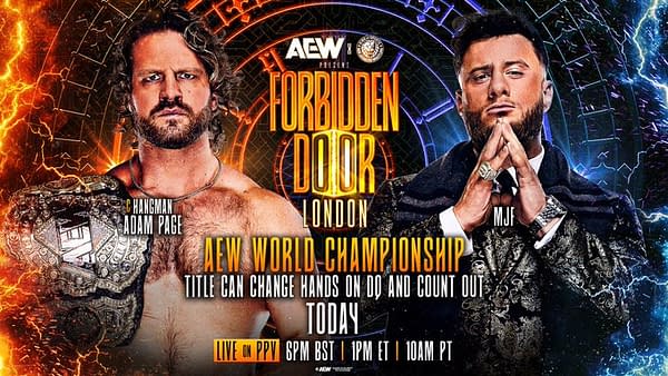 Promotional graphic for AEW x NJPW Forbidden Door featuring wrestlers Hangman Adam Page and MJF. The graphic indicates the event is taking place in London and highlights the AEW World Championship match with title changes possible on disqualification or count out.