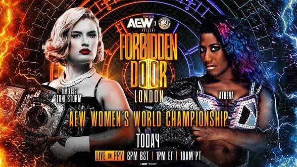 A promotional graphic for the AEW x NJPW Forbidden Door event features two female wrestlers, Toni Storm and Athena, showcasing their championship belts. The background is vibrant with a dynamic design that emphasizes the event's title and details.