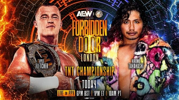 A promotional graphic for the AEW x NJPW Forbidden Door event features wrestlers Kyle Fletcher and Hiromu Takahashi. It showcases their images alongside the event details and the TNT Championship title.