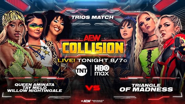 A promotional poster for an AEW wrestling event featuring six female wrestlers. Three are shown on one side, identified as Queen Aminata, Tay Melo, and Willow Nightingale, while the other three, part of the Triangle of Madness, are also displayed prominently.