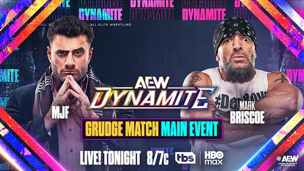 An illustration promoting a professional wrestling event featuring two male wrestlers, MJF and Mark Briscoe, with the text 'AEW Dynamite' and details about a grudge match main event.