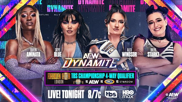 A promotional graphic featuring four female wrestlers for AEW Dynamite. They are standing confidently, showcasing their distinct styles and personalities, with colorful backgrounds and text highlighting the event details.